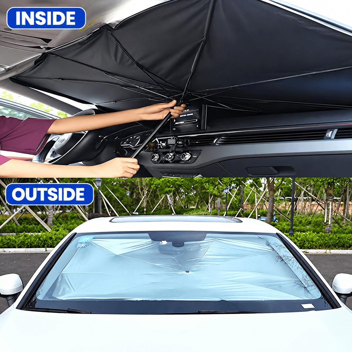 Car sunshade umbrella installed inside windshield