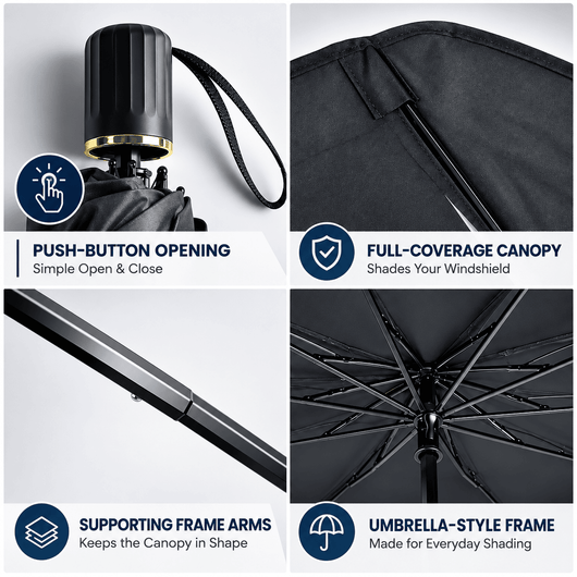Push button windshield sunshade umbrella construction details