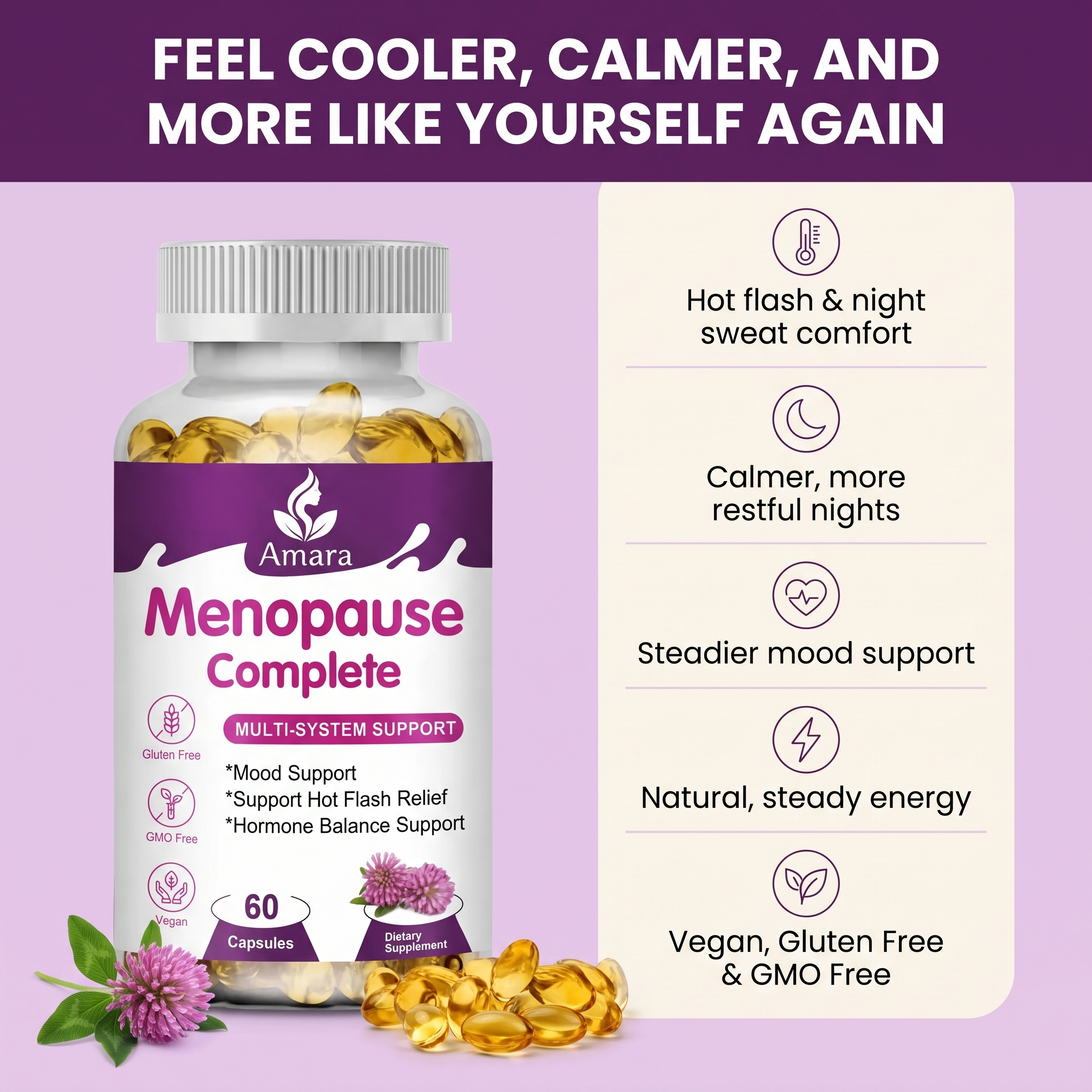 AMARA Menopause Complete I Plant Based Menopause Support for Hot Flashes, Night Sweats, Mood and Energy